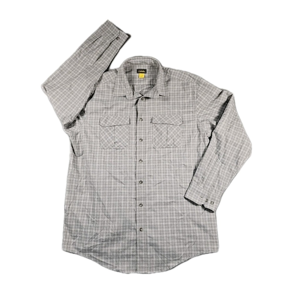 Cabela's World Wide Sportsman Mens XLT Grey White Check Nylon Shirt Pockets